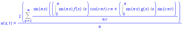 u(x, t) = 2*(Sum(sin(n*x)*((Int(sin(n*x)*f(x), x = 0 .. Pi))*cos(c*n*t)*c*n+(Int(sin(n*x)*g(x), x = 0 .. Pi))*sin(c*n*t))/(n*c), n = 1 .. infinity))/Pi