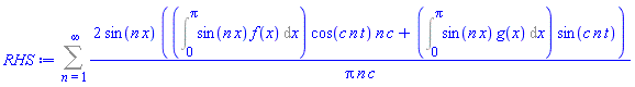 Sum(2*sin(n*x)*((Int(sin(n*x)*f(x), x = 0 .. Pi))*cos(c*n*t)*n*c+(Int(sin(n*x)*g(x), x = 0 .. Pi))*sin(c*n*t))/(Pi*n*c), n = 1 .. infinity)
