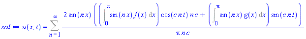u(x, t) = Sum(2*sin(n*x)*((Int(sin(n*x)*f(x), x = 0 .. Pi))*cos(c*n*t)*n*c+(Int(sin(n*x)*g(x), x = 0 .. Pi))*sin(c*n*t))/(Pi*n*c), n = 1 .. infinity)
