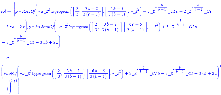 {p = RootOf(-a*_Z^2*hypergeom([2/3, (1/3)*(3*b-2)/(b-1)], [(1/3)*(6*b-5)/(b-1)], -_Z^3)+3*_Z^(-b/(b-1))*_C1*b-2*_Z^(-b/(b-1))*_C1-3*x*b+2*x), y = b*x*RootOf(-a*_Z^2*hypergeom([2/3, (1/3)*(3*b-2)/(b-1)], [(1/3)*(6*b-5)/(b-1)], -_Z^3)+3*_Z^(-b/(b-1))*_C1*b-2*_Z^(-b/(b-1))*_C1-3*x*b+2*x)+a*(RootOf(-a*_Z^2*hypergeom([2/3, (1/3)*(3*b-2)/(b-1)], [(1/3)*(6*b-5)/(b-1)], -_Z^3)+3*_Z^(-b/(b-1))*_C1*b-2*_Z^(-b/(b-1))*_C1-3*x*b+2*x)^3+1)^(1/3)}