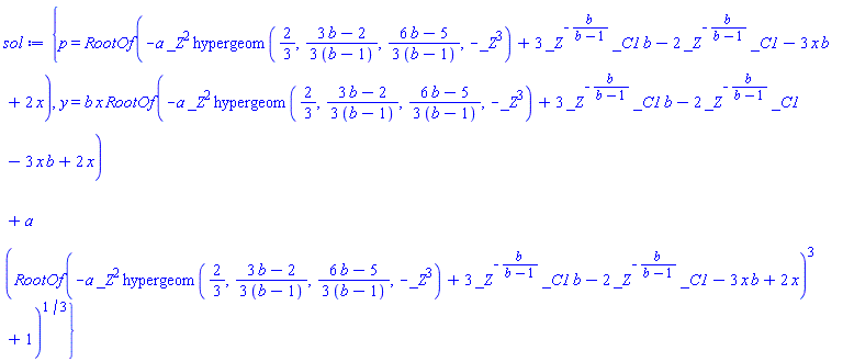 {p = RootOf(-a*_Z^2*hypergeom(2/3, (1/3)*(3*b-2)/(b-1), (1/3)*(6*b-5)/(b-1), -_Z^3)+3*_Z^(-b/(b-1))*_C1*b-2*_Z^(-b/(b-1))*_C1-3*x*b+2*x), y = b*x*RootOf(-a*_Z^2*hypergeom(2/3, (1/3)*(3*b-2)/(b-1), (1/3)*(6*b-5)/(b-1), -_Z^3)+3*_Z^(-b/(b-1))*_C1*b-2*_Z^(-b/(b-1))*_C1-3*x*b+2*x)+a*(RootOf(-a*_Z^2*hypergeom(2/3, (1/3)*(3*b-2)/(b-1), (1/3)*(6*b-5)/(b-1), -_Z^3)+3*_Z^(-b/(b-1))*_C1*b-2*_Z^(-b/(b-1))*_C1-3*x*b+2*x)^3+1)^(1/3)}
