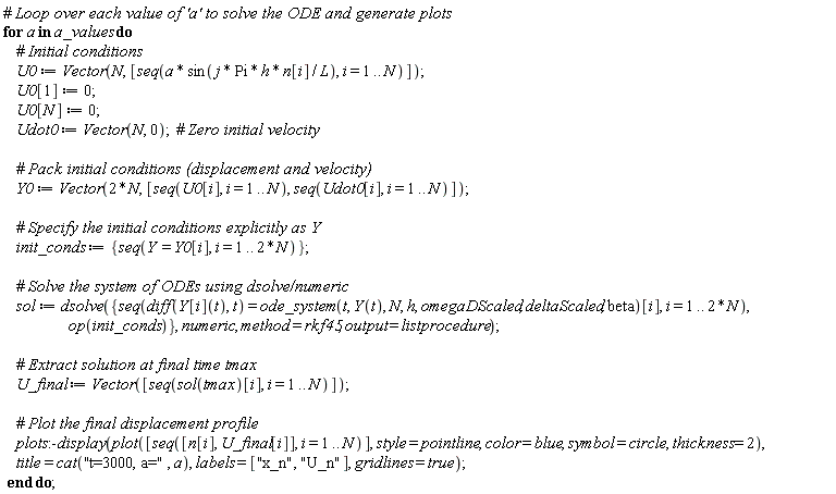for a in a_values do U0 := Vector(N, [seq(a*sin(j*Pi*h*n[i]/L), i = 1 .. N)]); U0[1] := 0; U0[N] := 0; Udot0 := Vector(N, 0); Y0 := Vector(2*N, [seq(U0[i], i = 1 .. N), seq(Udot0[i], i = 1 .. N)]); init_conds := {seq(Y = Y0[i], i = 1 .. 2*N)}; sol := dsolve({op(init_conds), seq(diff(Y[i](t), t) = ode_system(t, Y(t), N, h, omegaDScaled, deltaScaled, beta)[i], i = 1 .. 2*N)}, numeric, method = rkf45, output = listprocedure); U_final := Vector([seq(sol(tmax)[i], i = 1 .. N)]); plots:-display(plot([seq([n[i], U_final[i]], i = 1 .. N)], style = pointline, color = blue, symbol = circle, thickness = 2), title = cat("t=3000, a=", a), labels = ["x_n", "U_n"], gridlines = true) end do
