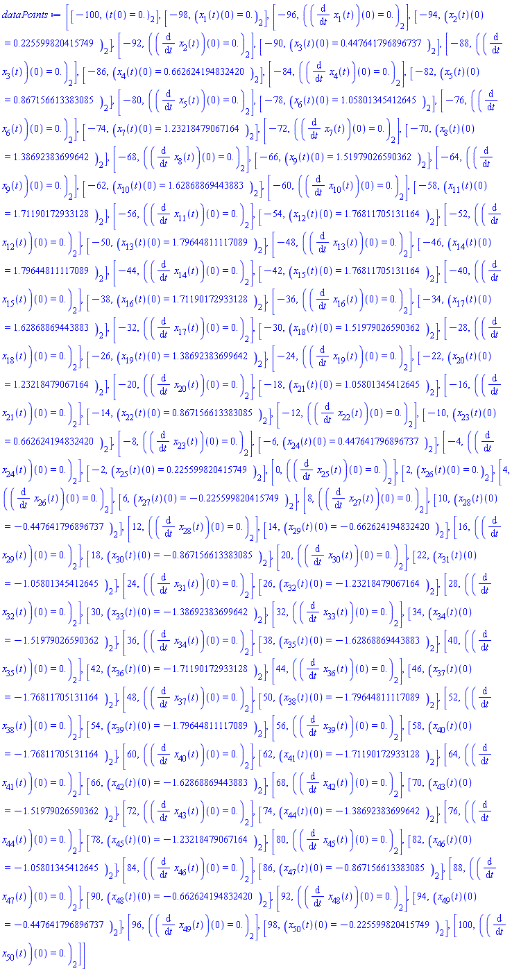 [[-100, (t(0) = HFloat(0.0))[2]], [-98, ((x[1](t))(0) = HFloat(0.0))[2]], [-96, ((diff(x[1](t), t))(0) = HFloat(0.0))[2]], [-94, ((x[2](t))(0) = HFloat(0.225599820415749))[2]], [-92, ((diff(x[2](t), t))(0) = HFloat(0.0))[2]], [-90, ((x[3](t))(0) = HFloat(0.447641796896737))[2]], [-88, ((diff(x[3](t), t))(0) = HFloat(0.0))[2]], [-86, ((x[4](t))(0) = HFloat(0.66262419483242))[2]], [-84, ((diff(x[4](t), t))(0) = HFloat(0.0))[2]], [-82, ((x[5](t))(0) = HFloat(0.867156613383085))[2]], [-80, ((diff(x[5](t), t))(0) = HFloat(0.0))[2]], [-78, ((x[6](t))(0) = HFloat(1.05801345412645))[2]], [-76, ((diff(x[6](t), t))(0) = HFloat(0.0))[2]], [-74, ((x[7](t))(0) = HFloat(1.23218479067164))[2]], [-72, ((diff(x[7](t), t))(0) = HFloat(0.0))[2]], [-70, ((x[8](t))(0) = HFloat(1.38692383699642))[2]], [-68, ((diff(x[8](t), t))(0) = HFloat(0.0))[2]], [-66, ((x[9](t))(0) = HFloat(1.51979026590362))[2]], [-64, ((diff(x[9](t), t))(0) = HFloat(0.0))[2]], [-62, ((x[10](t))(0) = HFloat(1.62868869443883))[2]], [-60, ((diff(x[10](t), t))(0) = HFloat(0.0))[2]], [-58, ((x[11](t))(0) = HFloat(1.71190172933128))[2]], [-56, ((diff(x[11](t), t))(0) = HFloat(0.0))[2]], [-54, ((x[12](t))(0) = HFloat(1.76811705131164))[2]], [-52, ((diff(x[12](t), t))(0) = HFloat(0.0))[2]], [-50, ((x[13](t))(0) = HFloat(1.79644811117089))[2]], [-48, ((diff(x[13](t), t))(0) = HFloat(0.0))[2]], [-46, ((x[14](t))(0) = HFloat(1.79644811117089))[2]], [-44, ((diff(x[14](t), t))(0) = HFloat(0.0))[2]], [-42, ((x[15](t))(0) = HFloat(1.76811705131164))[2]], [-40, ((diff(x[15](t), t))(0) = HFloat(0.0))[2]], [-38, ((x[16](t))(0) = HFloat(1.71190172933128))[2]], [-36, ((diff(x[16](t), t))(0) = HFloat(0.0))[2]], [-34, ((x[17](t))(0) = HFloat(1.62868869443883))[2]], [-32, ((diff(x[17](t), t))(0) = HFloat(0.0))[2]], [-30, ((x[18](t))(0) = HFloat(1.51979026590362))[2]], [-28, ((diff(x[18](t), t))(0) = HFloat(0.0))[2]], [-26, ((x[19](t))(0) = HFloat(1.38692383699642))[2]], [-24, ((diff(x[19](t), t))(0) = HFloat(0.0))[2]], [-22, ((x[20](t))(0) = HFloat(1.23218479067164))[2]], [-20, ((diff(x[20](t), t))(0) = HFloat(0.0))[2]], [-18, ((x[21](t))(0) = HFloat(1.05801345412645))[2]], [-16, ((diff(x[21](t), t))(0) = HFloat(0.0))[2]], [-14, ((x[22](t))(0) = HFloat(0.867156613383085))[2]], [-12, ((diff(x[22](t), t))(0) = HFloat(0.0))[2]], [-10, ((x[23](t))(0) = HFloat(0.66262419483242))[2]], [-8, ((diff(x[23](t), t))(0) = HFloat(0.0))[2]], [-6, ((x[24](t))(0) = HFloat(0.447641796896737))[2]], [-4, ((diff(x[24](t), t))(0) = HFloat(0.0))[2]], [-2, ((x[25](t))(0) = HFloat(0.225599820415749))[2]], [0, ((diff(x[25](t), t))(0) = HFloat(0.0))[2]], [2, ((x[26](t))(0) = HFloat(0.0))[2]], [4, ((diff(x[26](t), t))(0) = HFloat(0.0))[2]], [6, ((x[27](t))(0) = HFloat(-0.225599820415749))[2]], [8, ((diff(x[27](t), t))(0) = HFloat(0.0))[2]], [10, ((x[28](t))(0) = HFloat(-0.447641796896737))[2]], [12, ((diff(x[28](t), t))(0) = HFloat(0.0))[2]], [14, ((x[29](t))(0) = HFloat(-0.66262419483242))[2]], [16, ((diff(x[29](t), t))(0) = HFloat(0.0))[2]], [18, ((x[30](t))(0) = HFloat(-0.867156613383085))[2]], [20, ((diff(x[30](t), t))(0) = HFloat(0.0))[2]], [22, ((x[31](t))(0) = HFloat(-1.05801345412645))[2]], [24, ((diff(x[31](t), t))(0) = HFloat(0.0))[2]], [26, ((x[32](t))(0) = HFloat(-1.23218479067164))[2]], [28, ((diff(x[32](t), t))(0) = HFloat(0.0))[2]], [30, ((x[33](t))(0) = HFloat(-1.38692383699642))[2]], [32, ((diff(x[33](t), t))(0) = HFloat(0.0))[2]], [34, ((x[34](t))(0) = HFloat(-1.51979026590362))[2]], [36, ((diff(x[34](t), t))(0) = HFloat(0.0))[2]], [38, ((x[35](t))(0) = HFloat(-1.62868869443883))[2]], [40, ((diff(x[35](t), t))(0) = HFloat(0.0))[2]], [42, ((x[36](t))(0) = HFloat(-1.71190172933128))[2]], [44, ((diff(x[36](t), t))(0) = HFloat(0.0))[2]], [46, ((x[37](t))(0) = HFloat(-1.76811705131164))[2]], [48, ((diff(x[37](t), t))(0) = HFloat(0.0))[2]], [50, ((x[38](t))(0) = HFloat(-1.79644811117089))[2]], [52, ((diff(x[38](t), t))(0) = HFloat(0.0))[2]], [54, ((x[39](t))(0) = HFloat(-1.79644811117089))[2]], [56, ((diff(x[39](t), t))(0) = HFloat(0.0))[2]], [58, ((x[40](t))(0) = HFloat(-1.76811705131164))[2]], [60, ((diff(x[40](t), t))(0) = HFloat(0.0))[2]], [62, ((x[41](t))(0) = HFloat(-1.71190172933128))[2]], [64, ((diff(x[41](t), t))(0) = HFloat(0.0))[2]], [66, ((x[42](t))(0) = HFloat(-1.62868869443883))[2]], [68, ((diff(x[42](t), t))(0) = HFloat(0.0))[2]], [70, ((x[43](t))(0) = HFloat(-1.51979026590362))[2]], [72, ((diff(x[43](t), t))(0) = HFloat(0.0))[2]], [74, ((x[44](t))(0) = HFloat(-1.38692383699642))[2]], [76, ((diff(x[44](t), t))(0) = HFloat(0.0))[2]], [78, ((x[45](t))(0) = HFloat(-1.23218479067164))[2]], [80, ((diff(x[45](t), t))(0) = HFloat(0.0))[2]], [82, ((x[46](t))(0) = HFloat(-1.05801345412645))[2]], [84, ((diff(x[46](t), t))(0) = HFloat(0.0))[2]], [86, ((x[47](t))(0) = HFloat(-0.867156613383085))[2]], [88, ((diff(x[47](t), t))(0) = HFloat(0.0))[2]], [90, ((x[48](t))(0) = HFloat(-0.66262419483242))[2]], [92, ((diff(x[48](t), t))(0) = HFloat(0.0))[2]], [94, ((x[49](t))(0) = HFloat(-0.447641796896737))[2]], [96, ((diff(x[49](t), t))(0) = HFloat(0.0))[2]], [98, ((x[50](t))(0) = HFloat(-0.225599820415749))[2]], [100, ((diff(x[50](t), t))(0) = HFloat(0.0))[2]]]