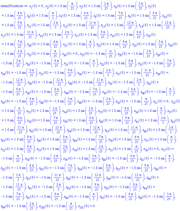 x[1](0) = 0., x[2](0) = 1.8*sin((1/25)*Pi), x[3](0) = 1.8*sin((2/25)*Pi), x[4](0) = 1.8*sin((3/25)*Pi), x[5](0) = 1.8*sin((4/25)*Pi), x[6](0) = 1.8*sin((1/5)*Pi), x[7](0) = 1.8*sin((6/25)*Pi), x[8](0) = 1.8*sin((7/25)*Pi), x[9](0) = 1.8*sin((8/25)*Pi), x[10](0) = 1.8*sin((9/25)*Pi), x[11](0) = 1.8*sin((2/5)*Pi), x[12](0) = 1.8*sin((11/25)*Pi), x[13](0) = 1.8*sin((12/25)*Pi), x[14](0) = 1.8*sin((12/25)*Pi), x[15](0) = 1.8*sin((11/25)*Pi), x[16](0) = 1.8*sin((2/5)*Pi), x[17](0) = 1.8*sin((9/25)*Pi), x[18](0) = 1.8*sin((8/25)*Pi), x[19](0) = 1.8*sin((7/25)*Pi), x[20](0) = 1.8*sin((6/25)*Pi), x[21](0) = 1.8*sin((1/5)*Pi), x[22](0) = 1.8*sin((4/25)*Pi), x[23](0) = 1.8*sin((3/25)*Pi), x[24](0) = 1.8*sin((2/25)*Pi), x[25](0) = 1.8*sin((1/25)*Pi), x[26](0) = 0., x[27](0) = -1.8*sin((1/25)*Pi), x[28](0) = -1.8*sin((2/25)*Pi), x[29](0) = -1.8*sin((3/25)*Pi), x[30](0) = -1.8*sin((4/25)*Pi), x[31](0) = -1.8*sin((1/5)*Pi), x[32](0) = -1.8*sin((6/25)*Pi), x[33](0) = -1.8*sin((7/25)*Pi), x[34](0) = -1.8*sin((8/25)*Pi), x[35](0) = -1.8*sin((9/25)*Pi), x[36](0) = -1.8*sin((2/5)*Pi), x[37](0) = -1.8*sin((11/25)*Pi), x[38](0) = -1.8*sin((12/25)*Pi), x[39](0) = -1.8*sin((12/25)*Pi), x[40](0) = -1.8*sin((11/25)*Pi), x[41](0) = -1.8*sin((2/5)*Pi), x[42](0) = -1.8*sin((9/25)*Pi), x[43](0) = -1.8*sin((8/25)*Pi), x[44](0) = -1.8*sin((7/25)*Pi), x[45](0) = -1.8*sin((6/25)*Pi), x[46](0) = -1.8*sin((1/5)*Pi), x[47](0) = -1.8*sin((4/25)*Pi), x[48](0) = -1.8*sin((3/25)*Pi), x[49](0) = -1.8*sin((2/25)*Pi), x[50](0) = -1.8*sin((1/25)*Pi), x[51](0) = 0., x[52](0) = 1.8*sin((1/25)*Pi), x[53](0) = 1.8*sin((2/25)*Pi), x[54](0) = 1.8*sin((3/25)*Pi), x[55](0) = 1.8*sin((4/25)*Pi), x[56](0) = 1.8*sin((1/5)*Pi), x[57](0) = 1.8*sin((6/25)*Pi), x[58](0) = 1.8*sin((7/25)*Pi), x[59](0) = 1.8*sin((8/25)*Pi), x[60](0) = 1.8*sin((9/25)*Pi), x[61](0) = 1.8*sin((2/5)*Pi), x[62](0) = 1.8*sin((11/25)*Pi), x[63](0) = 1.8*sin((12/25)*Pi), x[64](0) = 1.8*sin((12/25)*Pi), x[65](0) = 1.8*sin((11/25)*Pi), x[66](0) = 1.8*sin((2/5)*Pi), x[67](0) = 1.8*sin((9/25)*Pi), x[68](0) = 1.8*sin((8/25)*Pi), x[69](0) = 1.8*sin((7/25)*Pi), x[70](0) = 1.8*sin((6/25)*Pi), x[71](0) = 1.8*sin((1/5)*Pi), x[72](0) = 1.8*sin((4/25)*Pi), x[73](0) = 1.8*sin((3/25)*Pi), x[74](0) = 1.8*sin((2/25)*Pi), x[75](0) = 1.8*sin((1/25)*Pi), x[76](0) = 0., x[77](0) = -1.8*sin((1/25)*Pi), x[78](0) = -1.8*sin((2/25)*Pi), x[79](0) = -1.8*sin((3/25)*Pi), x[80](0) = -1.8*sin((4/25)*Pi), x[81](0) = -1.8*sin((1/5)*Pi), x[82](0) = -1.8*sin((6/25)*Pi), x[83](0) = -1.8*sin((7/25)*Pi), x[84](0) = -1.8*sin((8/25)*Pi), x[85](0) = -1.8*sin((9/25)*Pi), x[86](0) = -1.8*sin((2/5)*Pi), x[87](0) = -1.8*sin((11/25)*Pi), x[88](0) = -1.8*sin((12/25)*Pi), x[89](0) = -1.8*sin((12/25)*Pi), x[90](0) = -1.8*sin((11/25)*Pi), x[91](0) = -1.8*sin((2/5)*Pi), x[92](0) = -1.8*sin((9/25)*Pi), x[93](0) = -1.8*sin((8/25)*Pi), x[94](0) = -1.8*sin((7/25)*Pi), x[95](0) = -1.8*sin((6/25)*Pi), x[96](0) = -1.8*sin((1/5)*Pi), x[97](0) = -1.8*sin((4/25)*Pi), x[98](0) = -1.8*sin((3/25)*Pi), x[99](0) = -1.8*sin((2/25)*Pi), x[100](0) = -1.8*sin((1/25)*Pi), x[101](0) = 0.