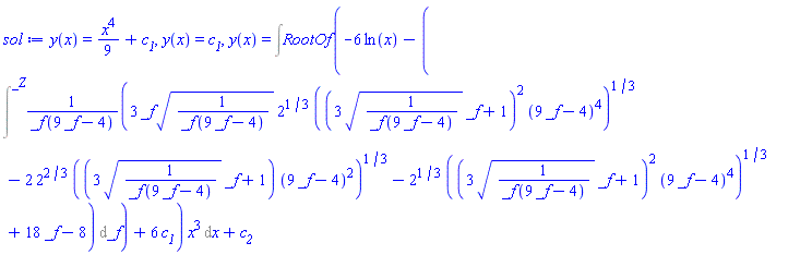 y(x) = (1/9)*x^4+c__1, y(x) = c__1, y(x) = Int(RootOf(-6*ln(x)-Intat((3*_f*(1/(_f*(9*_f-4)))^(1/2)*2^(1/3)*((3*(1/(_f*(9*_f-4)))^(1/2)*_f+1)^2*(9*_f-4)^4)^(1/3)-2*2^(2/3)*((3*(1/(_f*(9*_f-4)))^(1/2)*_f+1)*(9*_f-4)^2)^(1/3)-2^(1/3)*((3*(1/(_f*(9*_f-4)))^(1/2)*_f+1)^2*(9*_f-4)^4)^(1/3)+18*_f-8)/(_f*(9*_f-4)), _f = _Z)+6*c__1)*x^3, x)+c__2