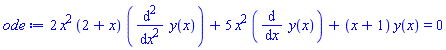2*x^2*(2+x)*(diff(diff(y(x), x), x))+5*x^2*(diff(y(x), x))+(x+1)*y(x) = 0