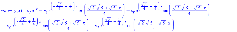 y(x) = c__1*exp(-x)-c__2*exp((-(1/4)*5^(1/2)+1/4)*x)*sin((1/4)*2^(1/2)*(5+5^(1/2))^(1/2)*x)-c__3*exp(((1/4)*5^(1/2)+1/4)*x)*sin((1/4)*2^(1/2)*(5-5^(1/2))^(1/2)*x)+c__4*exp((-(1/4)*5^(1/2)+1/4)*x)*cos((1/4)*2^(1/2)*(5+5^(1/2))^(1/2)*x)+c__5*exp(((1/4)*5^(1/2)+1/4)*x)*cos((1/4)*2^(1/2)*(5-5^(1/2))^(1/2)*x)