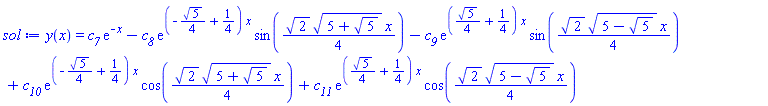 y(x) = c__7*exp(-x)-c__8*exp((-(1/4)*5^(1/2)+1/4)*x)*sin((1/4)*2^(1/2)*(5+5^(1/2))^(1/2)*x)-c__9*exp(((1/4)*5^(1/2)+1/4)*x)*sin((1/4)*2^(1/2)*(5-5^(1/2))^(1/2)*x)+c__10*exp((-(1/4)*5^(1/2)+1/4)*x)*cos((1/4)*2^(1/2)*(5+5^(1/2))^(1/2)*x)+c__11*exp(((1/4)*5^(1/2)+1/4)*x)*cos((1/4)*2^(1/2)*(5-5^(1/2))^(1/2)*x)