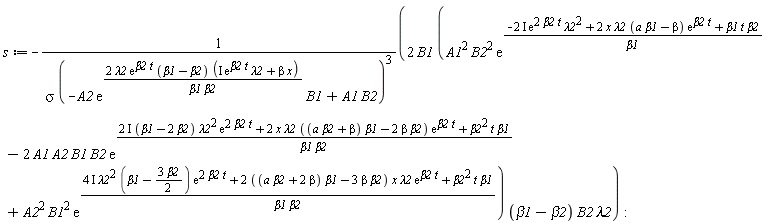 s := -2*B1*(A1^2*B2^2*exp((-(2*I)*exp(2*beta2*t)*lambda2^2+2*x*lambda2*(a*beta1-beta)*exp(beta2*t)+beta1*t*beta2)/beta1)-2*A1*A2*B1*B2*exp(((2*I)*(beta1-2*beta2)*lambda2^2*exp(2*beta2*t)+2*x*lambda2*((a*beta2+beta)*beta1-2*beta*beta2)*exp(beta2*t)+beta2^2*t*beta1)/(beta1*beta2))+A2^2*B1^2*exp(((4*I)*lambda2^2*(beta1-3*beta2*(1/2))*exp(2*beta2*t)+(2*((a*beta2+2*beta)*beta1-3*beta*beta2))*x*lambda2*exp(beta2*t)+beta2^2*t*beta1)/(beta1*beta2)))*(beta1-beta2)*B2*lambda2/(sigma*(-A2*exp(2*exp(beta2*t)*lambda2*(beta1-beta2)*(I*exp(beta2*t)*lambda2+beta*x)/(beta1*beta2))*B1+A1*B2)^3)