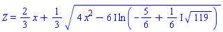 Z = (2/3)*x+(1/3)*(4*x^2-(6*I)*ln(-5/6+((1/6)*I)*119^(1/2)))^(1/2)