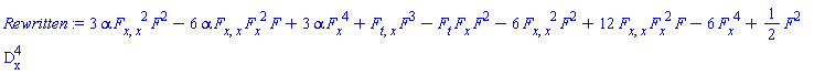 3*alpha*(diff(diff(F, x), x))^2*F^2-6*alpha*(diff(diff(F, x), x))*(diff(F, x))^2*F+3*alpha*(diff(F, x))^4+(diff(diff(F, t), x))*F^3-(diff(F, t))*(diff(F, x))*F^2-6*(diff(diff(F, x), x))^2*F^2+12*(diff(diff(F, x), x))*(diff(F, x))^2*F-6*(diff(F, x))^4+(1/2)*F^2*`#msubsup(mo("D"),mo("x"),mo("4"))`