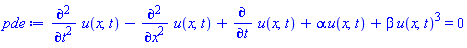 diff(diff(u(x, t), t), t)-(diff(diff(u(x, t), x), x))+diff(u(x, t), t)+alpha*u(x, t)+beta*u(x, t)^3 = 0