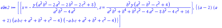 [{x = -y*(a^2*b^2-2*a^2-2*b^2-2*c^2+8)/(a^2*b^2-4*a^2), z = b^2*y*(a^2-b^2-c^2+4)/(a^2*b^2+b^4+b^2*c^2-4*a^2-8*b^2-4*c^2+16)}, {(a-2)*(a+2)*(a*b*c+a^2+b^2+c^2-4)*(-a*b*c+a^2+b^2+c^2-4)}]