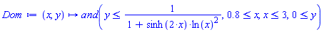 proc (x, y) options operator, arrow; `and`(y <= 1/(1+sinh(2*x)*ln(x)^2), .8 <= x, x <= 3, 0 <= y) end proc