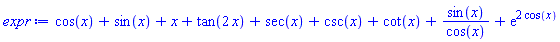 cos(x)+sin(x)+x+tan(2*x)+sec(x)+csc(x)+cot(x)+sin(x)/cos(x)+exp(2*cos(x))