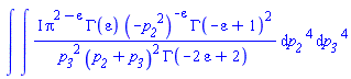Physics:-FeynmanIntegral(Physics:-FeynmanIntegral(I*Pi^(2-Physics:-FeynmanIntegral:-varepsilon)*GAMMA(Physics:-FeynmanIntegral:-varepsilon)*(-p__2^2)^(-Physics:-FeynmanIntegral:-varepsilon)*GAMMA(-Physics:-FeynmanIntegral:-varepsilon+1)^2/(p__3^2*(p__2+p__3)^2*GAMMA(-2*Physics:-FeynmanIntegral:-varepsilon+2)), p__2), p__3)