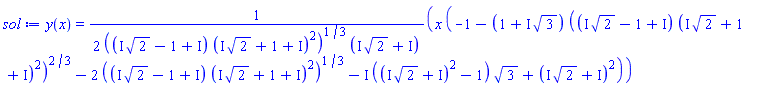 y(x) = (1/2)*x*(-1-(1+I*3^(1/2))*((I*2^(1/2)+(-1+I))*(I*2^(1/2)+1+I)^2)^(2/3)-2*((I*2^(1/2)+(-1+I))*(I*2^(1/2)+1+I)^2)^(1/3)-I*((I*2^(1/2)+I)^2-1)*3^(1/2)+(I*2^(1/2)+I)^2)/(((I*2^(1/2)+(-1+I))*(I*2^(1/2)+1+I)^2)^(1/3)*(I*2^(1/2)+I))