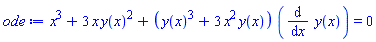 x^3+3*x*y(x)^2+(y(x)^3+3*x^2*y(x))*(diff(y(x), x)) = 0