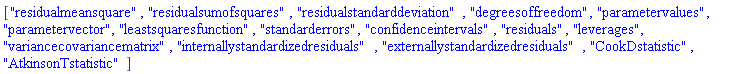 ["residualmeansquare", "residualsumofsquares", "residualstandarddeviation", "degreesoffreedom", "parametervalues", "parametervector", "leastsquaresfunction", "standarderrors", "confidenceintervals", "residuals", "leverages", "variancecovariancematrix", "internallystandardizedresiduals", "externallystandardizedresiduals", "CookDstatistic", "AtkinsonTstatistic"]