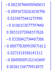Vector[column]([[-0.230746498960653e-2], [-0.956720263030796e-2], [0.259675643275990e-1], [-0.106353877797440e-1], [0.531073966557626e-2], [-0.338042734467306e-1], [-0.778309939071612e-3], [0.271818588145312e-1], [-0.498089182142649e-2], [0.361336779918075e-2]])