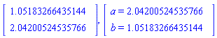 Vector(2, {(1) = 1.0518326643514408, (2) = 2.042005245357665}, datatype = float[8]), Vector(2, {(1) = a = HFloat(2.042005245357664), (2) = b = HFloat(1.0518326643514415)})