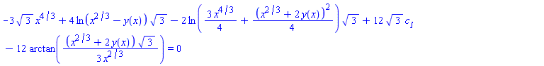 -3*3^(1/2)*x^(4/3)+4*ln(x^(2/3)-y(x))*3^(1/2)-2*ln((3/4)*x^(4/3)+(1/4)*(x^(2/3)+2*y(x))^2)*3^(1/2)+12*3^(1/2)*c__1-12*arctan((1/3)*(x^(2/3)+2*y(x))*3^(1/2)/x^(2/3)) = 0