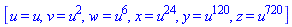 [u = u, v = u^2, w = u^6, x = u^24, y = u^120, z = u^720]