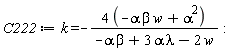C222 := k = -(4*(-alpha*beta*w+alpha^2))/(-alpha*beta+3*alpha*lambda-2*w)