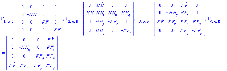 Physics:-Christoffel[1, alpha, beta] = Matrix(%id = 36893488153487780788), Physics:-Christoffel[2, alpha, beta] = Matrix(%id = 36893488153487774532), Physics:-Christoffel[3, alpha, beta] = Matrix(%id = 36893488153487776092), Physics:-Christoffel[4, alpha, beta] = Matrix(%id = 36893488153487777532)