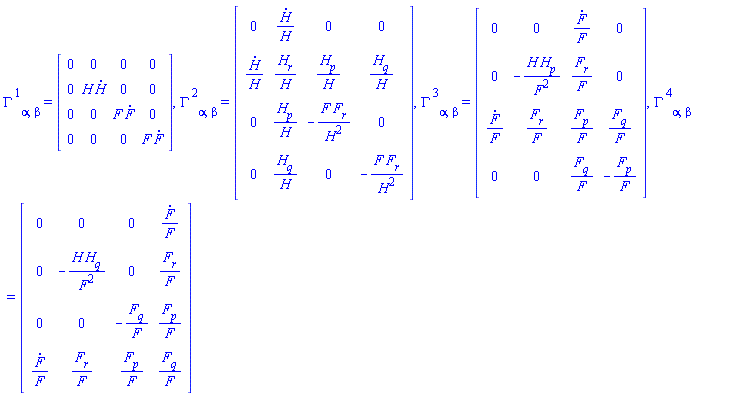Physics:-Christoffel[`~1`, alpha, beta] = Matrix(%id = 36893488153487821148), Physics:-Christoffel[`~2`, alpha, beta] = Matrix(%id = 36893488153487817892), Physics:-Christoffel[`~3`, alpha, beta] = Matrix(%id = 36893488153487814516), Physics:-Christoffel[`~4`, alpha, beta] = Matrix(%id = 36893488153487809100)