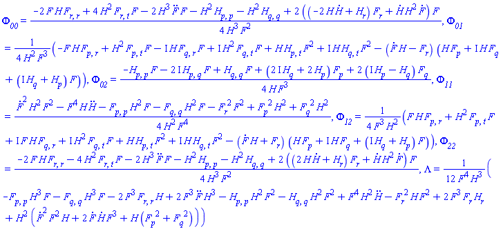 Phi__00 = (1/4)*(-2*F(X)*H(X)*(diff(diff(F(X), r), r))+4*H(X)^2*(diff(diff(F(X), r), t))*F(X)-2*H(X)^3*(diff(diff(F(X), t), t))*F(X)-H(X)^2*(diff(diff(H(X), p), p))-H(X)^2*(diff(diff(H(X), q), q))+2*((-2*H(X)*(diff(H(X), t))+diff(H(X), r))*(diff(F(X), r))+(diff(H(X), t))*H(X)^2*(diff(F(X), t)))*F(X))/(H(X)^3*F(X)^2), Phi__01 = (1/4)*(-F(X)*H(X)*(diff(diff(F(X), p), r))+H(X)^2*(diff(diff(F(X), p), t))*F(X)-I*H(X)*(diff(diff(F(X), q), r))*F(X)+I*H(X)^2*(diff(diff(F(X), q), t))*F(X)+H(X)*(diff(diff(H(X), p), t))*F(X)^2+I*H(X)*(diff(diff(H(X), q), t))*F(X)^2-((diff(F(X), t))*H(X)-(diff(F(X), r)))*(H(X)*(diff(F(X), p))+I*H(X)*(diff(F(X), q))+(I*(diff(H(X), q))+diff(H(X), p))*F(X)))/(H(X)^2*F(X)^3), Phi__02 = (1/4)*(-(diff(diff(H(X), p), p))*F(X)-(2*I)*(diff(diff(H(X), p), q))*F(X)+(diff(diff(H(X), q), q))*F(X)+((2*I)*(diff(H(X), q))+2*(diff(H(X), p)))*(diff(F(X), p))+2*(I*(diff(H(X), p))-(diff(H(X), q)))*(diff(F(X), q)))/(H(X)*F(X)^3), Phi__11 = (1/4)*((diff(F(X), t))^2*H(X)^2*F(X)^2-F(X)^4*H(X)*(diff(diff(H(X), t), t))-(diff(diff(F(X), p), p))*H(X)^2*F(X)-(diff(diff(F(X), q), q))*H(X)^2*F(X)-(diff(F(X), r))^2*F(X)^2+(diff(F(X), p))^2*H(X)^2+(diff(F(X), q))^2*H(X)^2)/(H(X)^2*F(X)^4), Phi__12 = (1/4)*(F(X)*H(X)*(diff(diff(F(X), p), r))+H(X)^2*(diff(diff(F(X), p), t))*F(X)+I*F(X)*H(X)*(diff(diff(F(X), q), r))+I*H(X)^2*(diff(diff(F(X), q), t))*F(X)+H(X)*(diff(diff(H(X), p), t))*F(X)^2+I*H(X)*(diff(diff(H(X), q), t))*F(X)^2-((diff(F(X), t))*H(X)+diff(F(X), r))*(H(X)*(diff(F(X), p))+I*H(X)*(diff(F(X), q))+(I*(diff(H(X), q))+diff(H(X), p))*F(X)))/(F(X)^3*H(X)^2), Phi__22 = (1/4)*(-2*F(X)*H(X)*(diff(diff(F(X), r), r))-4*H(X)^2*(diff(diff(F(X), r), t))*F(X)-2*H(X)^3*(diff(diff(F(X), t), t))*F(X)-H(X)^2*(diff(diff(H(X), p), p))-H(X)^2*(diff(diff(H(X), q), q))+2*((2*H(X)*(diff(H(X), t))+diff(H(X), r))*(diff(F(X), r))+(diff(H(X), t))*H(X)^2*(diff(F(X), t)))*F(X))/(H(X)^3*F(X)^2), Lambda = (1/12)*(-(diff(diff(F(X), p), p))*H(X)^3*F(X)-(diff(diff(F(X), q), q))*H(X)^3*F(X)-2*F(X)^3*(diff(diff(F(X), r), r))*H(X)+2*F(X)^3*(diff(diff(F(X), t), t))*H(X)^3-(diff(diff(H(X), p), p))*H(X)^2*F(X)^2-(diff(diff(H(X), q), q))*H(X)^2*F(X)^2+F(X)^4*H(X)^2*(diff(diff(H(X), t), t))-(diff(F(X), r))^2*H(X)*F(X)^2+2*F(X)^3*(diff(F(X), r))*(diff(H(X), r))+H(X)^2*((diff(F(X), t))^2*F(X)^2*H(X)+2*(diff(F(X), t))*(diff(H(X), t))*F(X)^3+H(X)*((diff(F(X), p))^2+(diff(F(X), q))^2)))/(F(X)^4*H(X)^3)