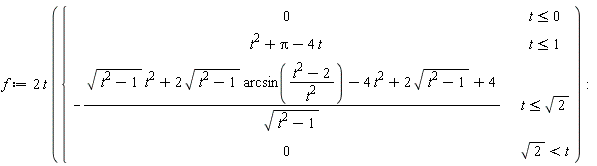 f := 2*t*piecewise(t <= 0, 0, t <= 1, t^2+Pi-4*t, t <= sqrt(2), -(sqrt(t^2-1)*t^2+2*sqrt(t^2-1)*arcsin((t^2-2)/t^2)-4*t^2+2*sqrt(t^2-1)+4)/sqrt(t^2-1), sqrt(2) < t, 0)