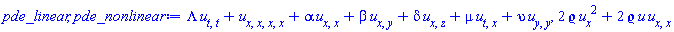 Lambda*(diff(diff(u(x, y, z, t), t), t))+diff(diff(diff(diff(u(x, y, z, t), x), x), x), x)+alpha*(diff(diff(u(x, y, z, t), x), x))+beta*(diff(diff(u(x, y, z, t), x), y))+delta*(diff(diff(u(x, y, z, t), x), z))+mu*(diff(diff(u(x, y, z, t), t), x))+upsilon*(diff(diff(u(x, y, z, t), y), y)), 2*varrho*(diff(u(x, y, z, t), x))^2+2*varrho*u(x, y, z, t)*(diff(diff(u(x, y, z, t), x), x))