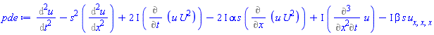 Diff(u(x, t), t, t)-s^2*(Diff(u(x, t), x, x))+(2*I)*(Diff(u(x, t)*U^2, t))-(2*I)*alpha*s*(Diff(u(x, t)*U^2, x))+I*(Diff(u(x, t), x, x, t))-I*beta*s*(diff(diff(diff(u(x, t), x), x), x))