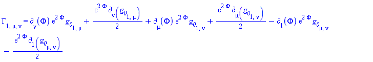 Physics:-Christoffel[1, mu, nu] = Physics:-d_[nu](Phi(X), [X])*exp(2*Phi(X))*g__0[1, mu]+(1/2)*exp(2*Phi(X))*Physics:-d_[nu](g__0[1, mu], [X])+Physics:-d_[mu](Phi(X), [X])*exp(2*Phi(X))*g__0[1, nu]+(1/2)*exp(2*Phi(X))*Physics:-d_[mu](g__0[1, nu], [X])-Physics:-d_[1](Phi(X), [X])*exp(2*Phi(X))*g__0[mu, nu]-(1/2)*exp(2*Phi(X))*Physics:-d_[1](g__0[mu, nu], [X])