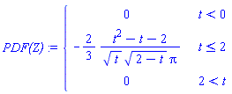 `PDF(Z)` := piecewise(t < 0, 0, t <= 2, -(2/3)*(t^2-t-2)/(sqrt(t)*sqrt(2-t)*Pi), 2 < t, 0)