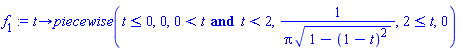 proc (t) options operator, arrow; piecewise(t <= 0, 0, 0 < t and t < 2, 1/(Pi*sqrt(1-(1-t)^2)), 2 <= t, 0) end proc