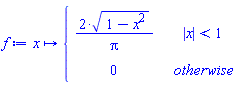 f := proc (x) options operator, arrow; piecewise(abs(x) < 1, 2*sqrt(1-x^2)/Pi, 0) end proc