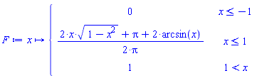 F := proc (x) options operator, arrow; piecewise(x <= -1, 0, x <= 1, (1/2)*(2*x*sqrt(1-x^2)+Pi+2*arcsin(x))/Pi, 1 < x, 1) end proc