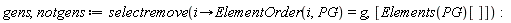 gens, notgens := selectremove(proc (i) options operator, arrow; ElementOrder(i, PG) = g end proc, [Elements(PG)[]])