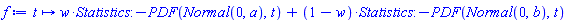 proc (t) options operator, arrow; w*Statistics:-PDF(Normal(0, a), t)+(1-w)*Statistics:-PDF(Normal(0, b), t) end proc