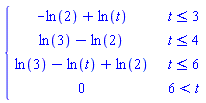 piecewise(t <= 3, -ln(2)+ln(t), t <= 4, ln(3)-ln(2), t <= 6, ln(3)-ln(t)+ln(2), 6 < t, 0)