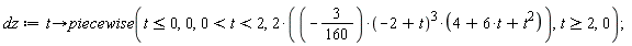 dz := proc (t) options operator, arrow; piecewise(t <= 0, 0, 0 < t and t < 2, -(3/80)*(-2+t)^3*(4+6*t+t^2), 2 <= t, 0) end proc