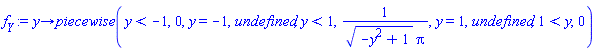 proc (y) options operator, arrow; piecewise(y < -1, 0, y = -1, undefined, y < 1, 1/((-y^2+1)^(1/2)*Pi), y = 1, undefined, 1 < y, 0) end proc