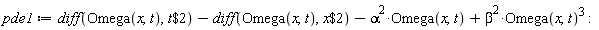 pde1 := diff(Omega(x, t), `$`(t, 2))-(diff(Omega(x, t), `$`(x, 2)))-alpha^2*Omega(x, t)+beta^2*Omega(x, t)^3