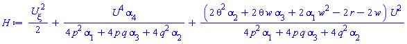 (1/2)*(diff(U(xi), xi))^2+U(xi)^4*alpha[4]/(4*p^2*alpha[1]+4*p*q*alpha[3]+4*q^2*alpha[2])+(2*theta^2*alpha[2]+2*theta*w*alpha[3]+2*w^2*alpha[1]-2*r-2*w)*U(xi)^2/(4*p^2*alpha[1]+4*p*q*alpha[3]+4*q^2*alpha[2])