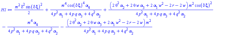 (1/2)*m^2*delta^2*sin(delta*xi)^2+m^4*cos(delta*xi)^4*alpha[4]/(4*p^2*alpha[1]+4*p*q*alpha[3]+4*q^2*alpha[2])+(2*theta^2*alpha[2]+2*theta*w*alpha[3]+2*w^2*alpha[1]-2*r-2*w)*m^2*cos(delta*xi)^2/(4*p^2*alpha[1]+4*p*q*alpha[3]+4*q^2*alpha[2])-m^4*alpha[4]/(4*p^2*alpha[1]+4*p*q*alpha[3]+4*q^2*alpha[2])-(2*theta^2*alpha[2]+2*theta*w*alpha[3]+2*w^2*alpha[1]-2*r-2*w)*m^2/(4*p^2*alpha[1]+4*p*q*alpha[3]+4*q^2*alpha[2])