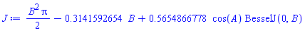 (1/2)*B^2*Pi-.3141592654*B+.5654866778*cos(A)*BesselJ(0, B)