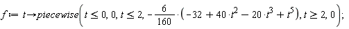 f := proc (t) options operator, arrow; piecewise(t <= 0, 0, t <= 2, 6/5-(3/2)*t^2+(3/4)*t^3-(3/80)*t^5, 2 <= t, 0) end proc;