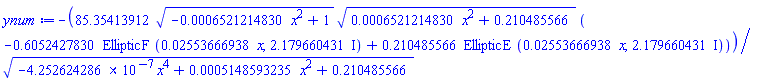 -85.35413912*(-0.6521214830e-3*x^2+1)^(1/2)*(0.6521214830e-3*x^2+.210485566)^(1/2)*(-.6052427830*EllipticF(0.2553666938e-1*x, 2.179660431*I)+.210485566*EllipticE(0.2553666938e-1*x, 2.179660431*I))/(-0.4252624286e-6*x^4+0.5148593235e-3*x^2+.210485566)^(1/2)